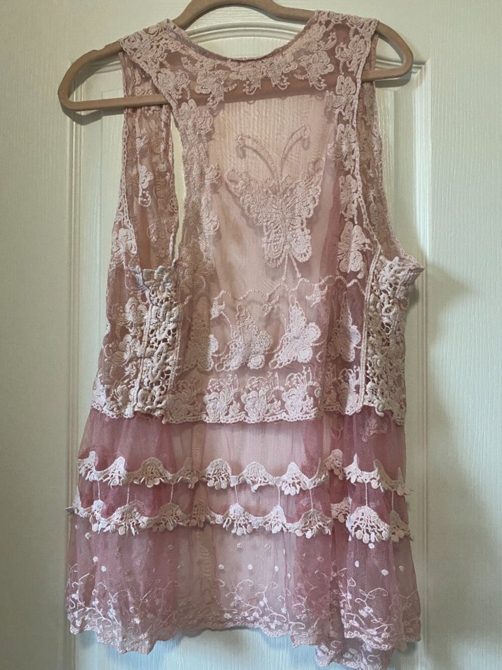 Origami by Vivien Pink Lace Butterfly Embroidered Sheer Duster Vest - Picture 7 of 11